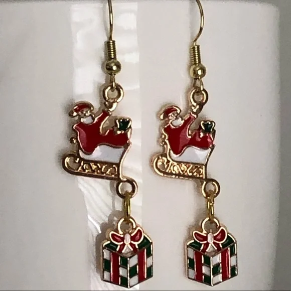 Santa and Presents Christmas Cute Fun Hand Crafted Holiday Earrings - Picture 3 of 3